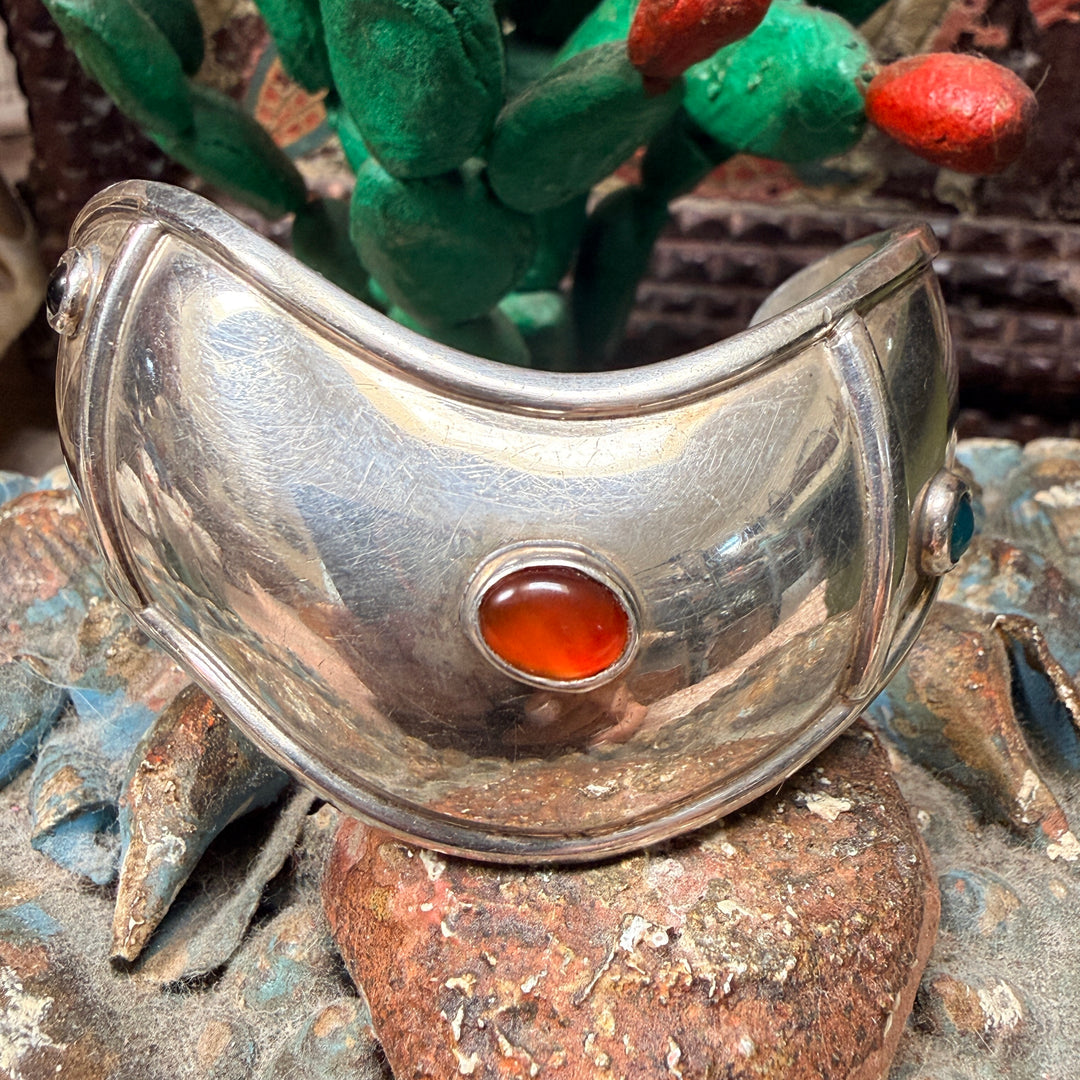 Vintage 1980s Mexican Sterling Silver Gemstone Cuff Bracelet