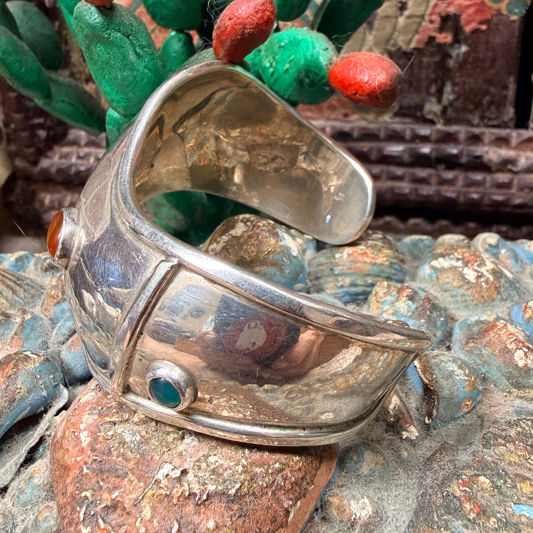 Vintage 1980s Mexican Sterling Silver Gemstone Cuff Bracelet