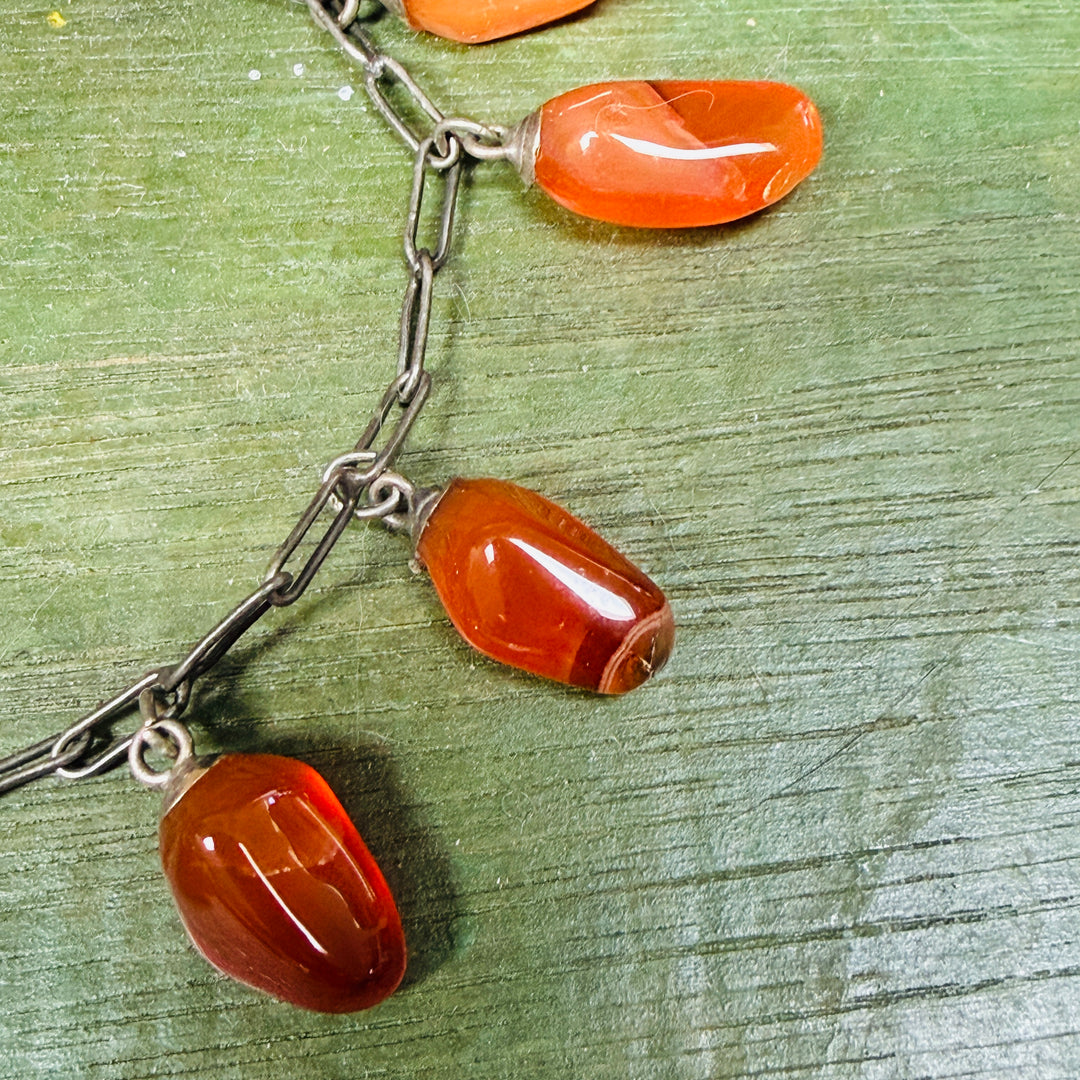 Vintage Heavy Sterling Silver Chain Red Carnelian Charm Bracelet