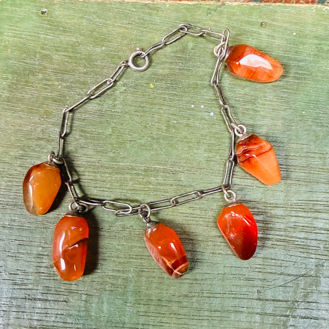 Vintage Heavy Sterling Silver Chain Red Carnelian Charm Bracelet
