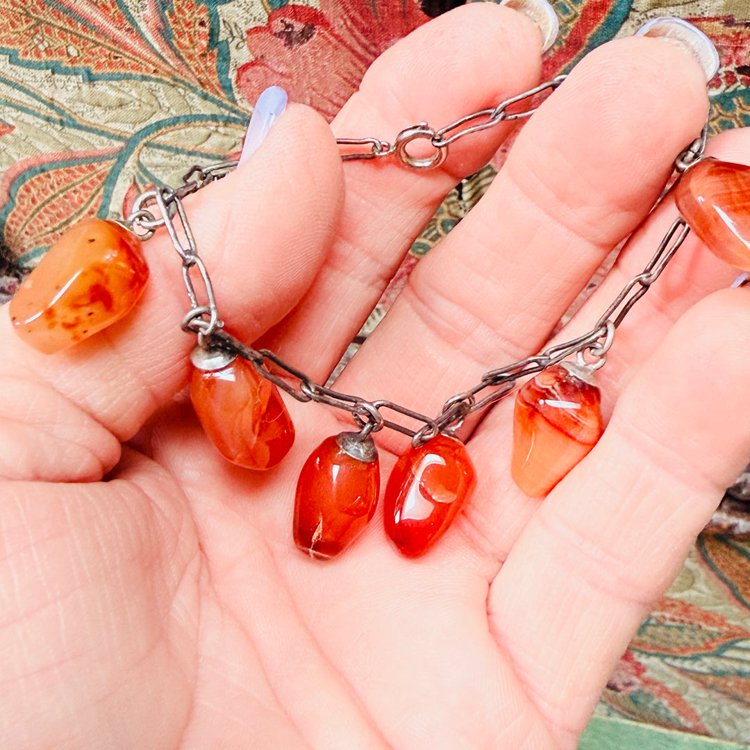 Vintage Heavy Sterling Silver Chain Red Carnelian Charm Bracelet