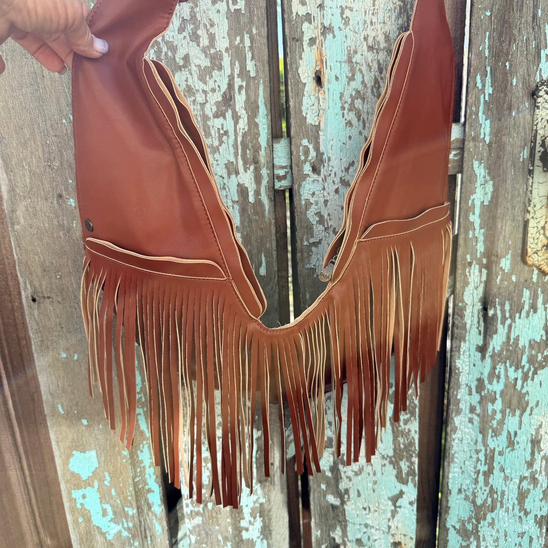 Brown Faux Leather Fringe Sash Bag