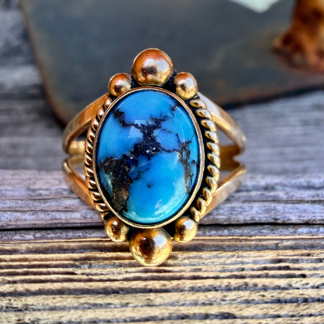Signed 14k Yellow Gold Navajo Ring Bisbee Turquoise 6 1/4