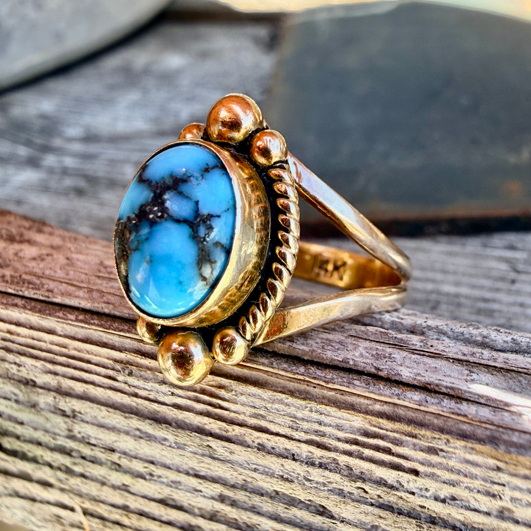 Signed 14k Yellow Gold Navajo Ring Bisbee Turquoise 6 1/4