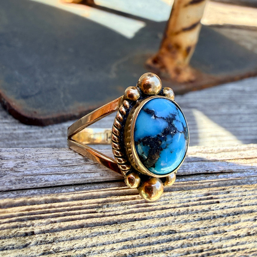 Signed 14k Yellow Gold Navajo Ring Bisbee Turquoise 6 1/4