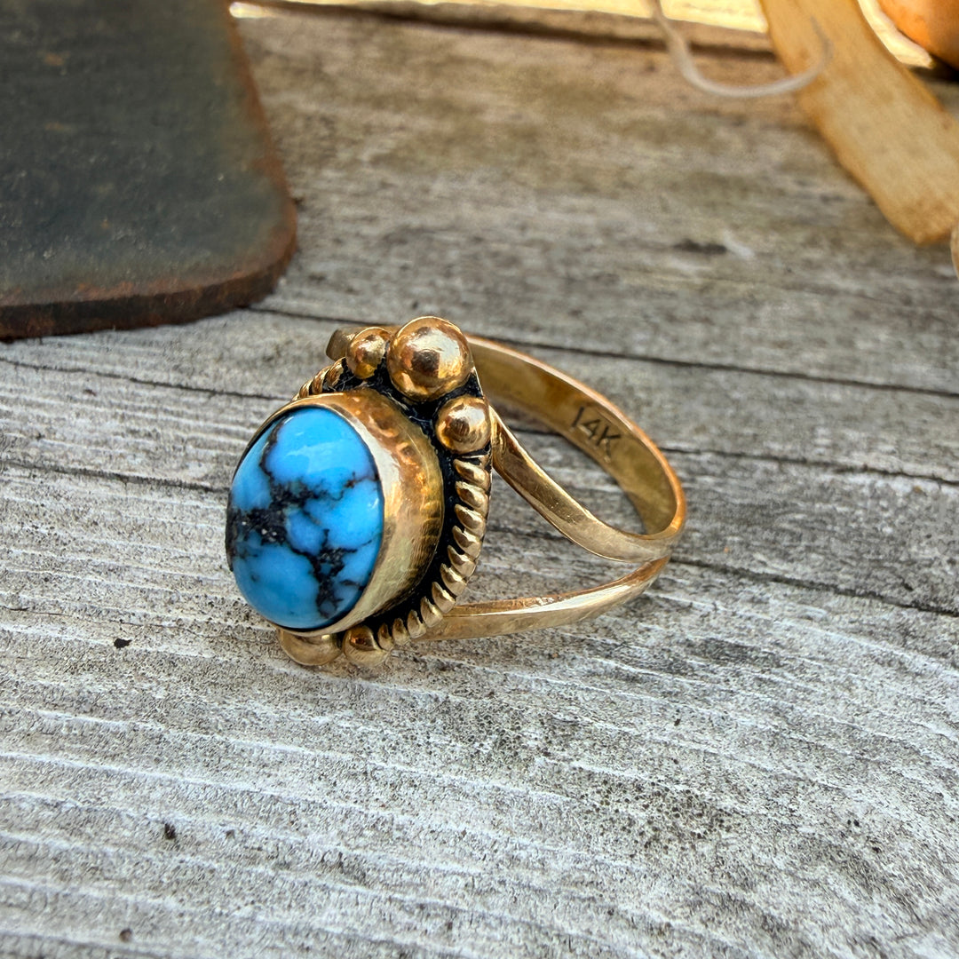 Signed 14k Yellow Gold Navajo Ring Bisbee Turquoise 6 1/4