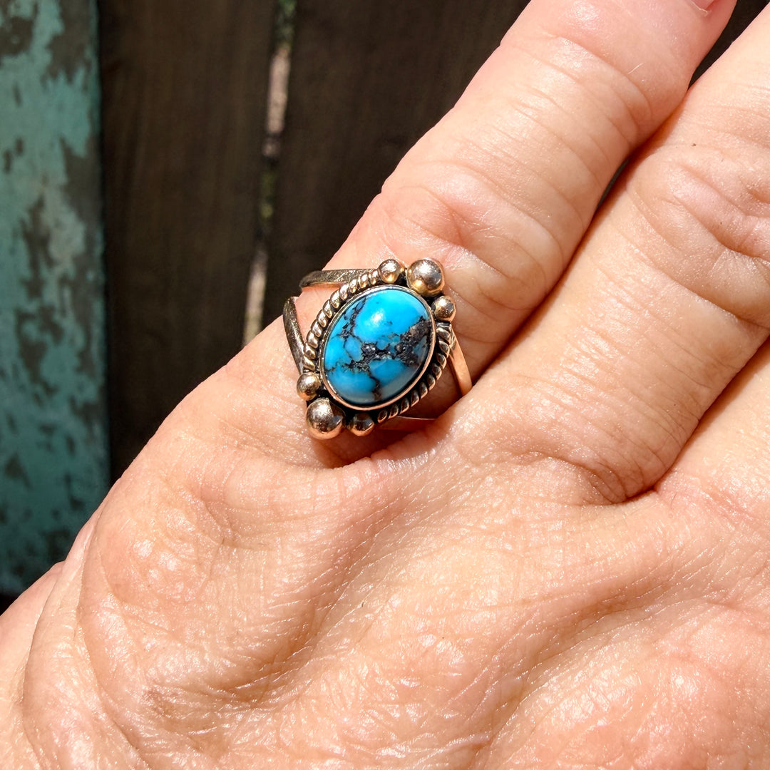 Signed 14k Yellow Gold Navajo Ring Bisbee Turquoise 6 1/4