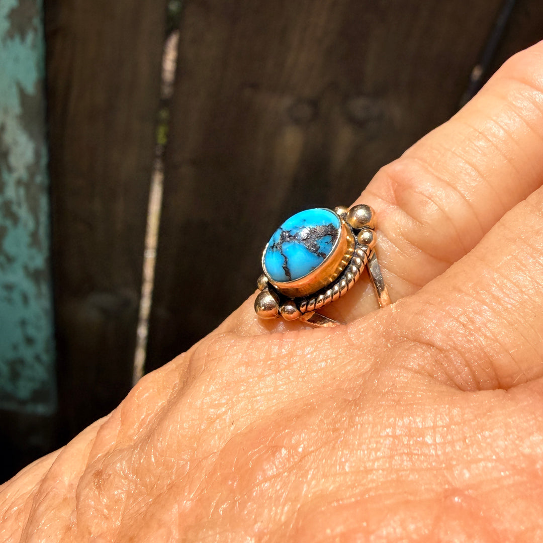 Signed 14k Yellow Gold Navajo Ring Bisbee Turquoise 6 1/4
