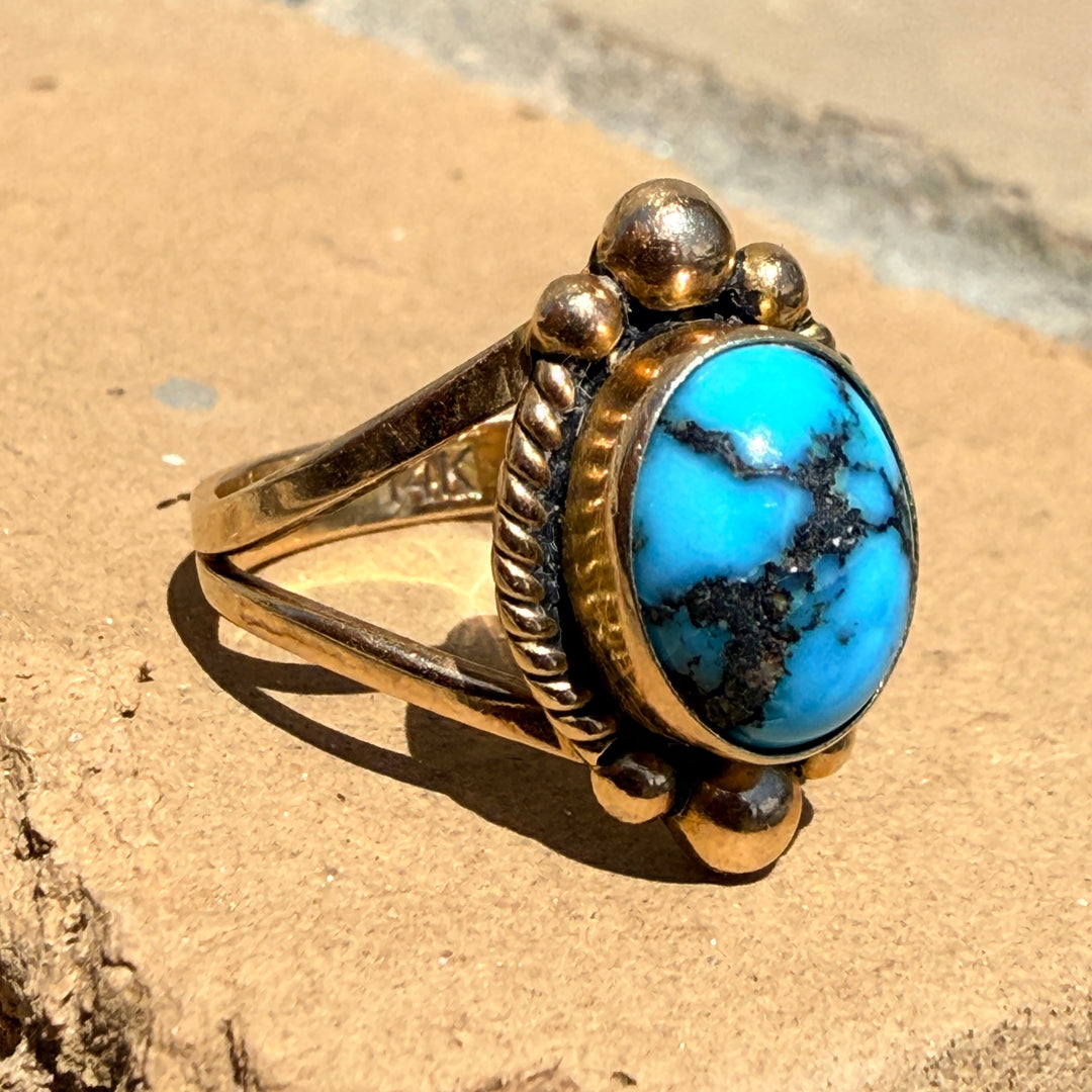 Signed 14k Yellow Gold Navajo Ring Bisbee Turquoise 6 1/4