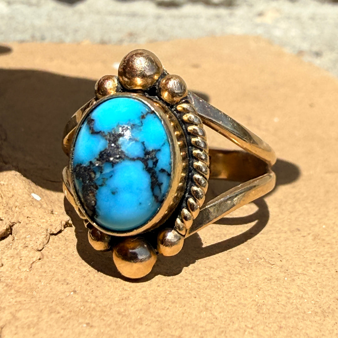 Signed 14k Yellow Gold Navajo Ring Bisbee Turquoise 6 1/4
