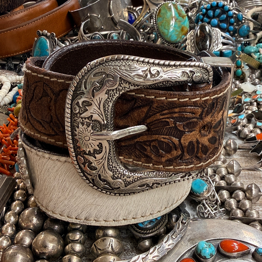 Very Worn Hair on Hide Tooled Leather Western Belt S