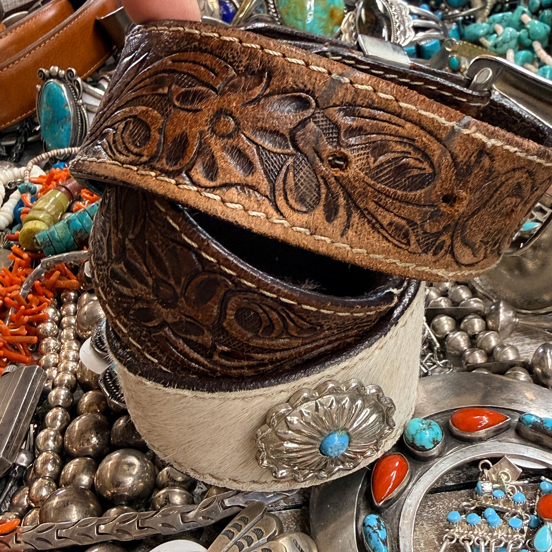 Very Worn Hair on Hide Tooled Leather Western Belt S