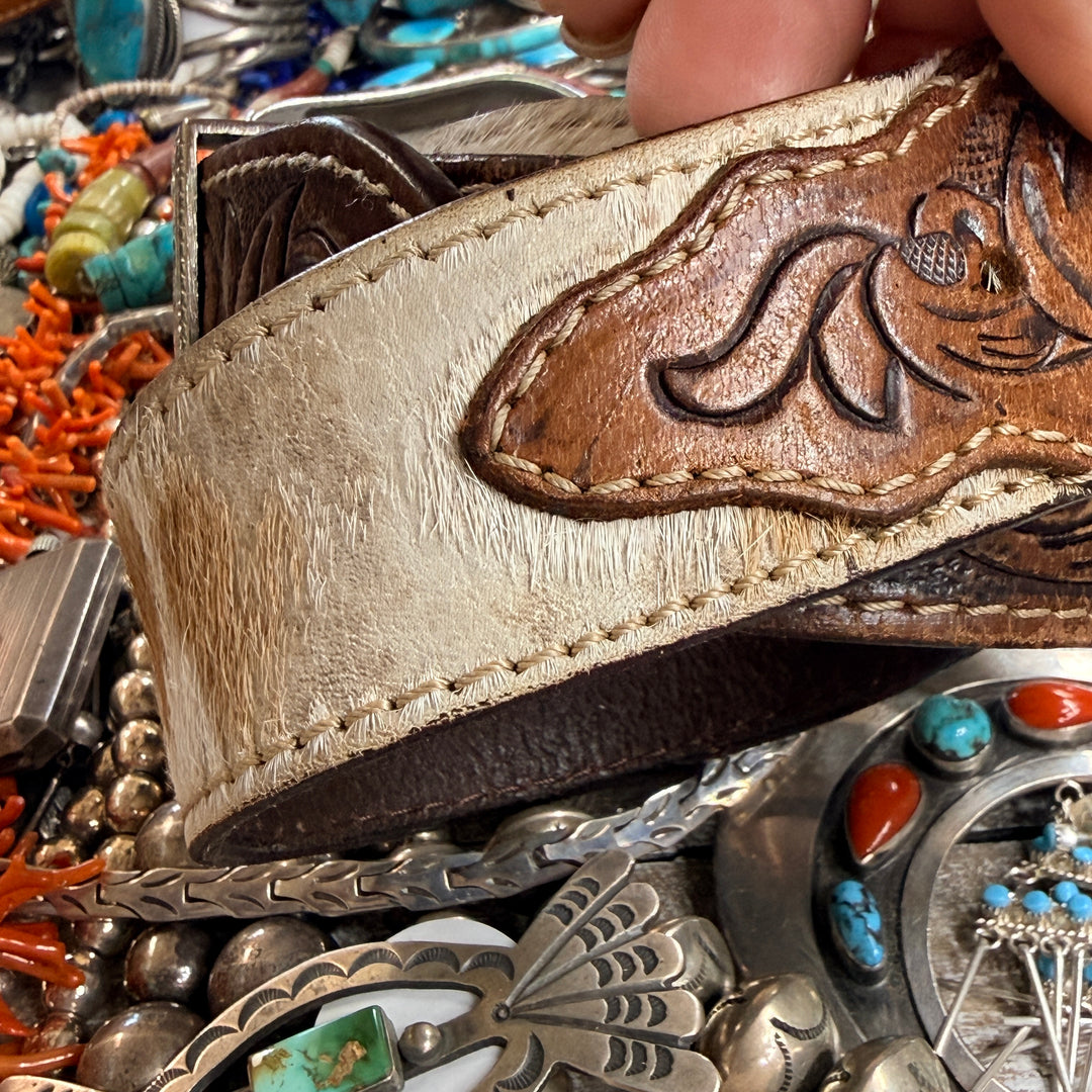 Very Worn Hair on Hide Tooled Leather Western Belt S
