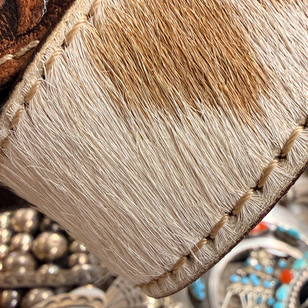 Very Worn Hair on Hide Tooled Leather Western Belt S