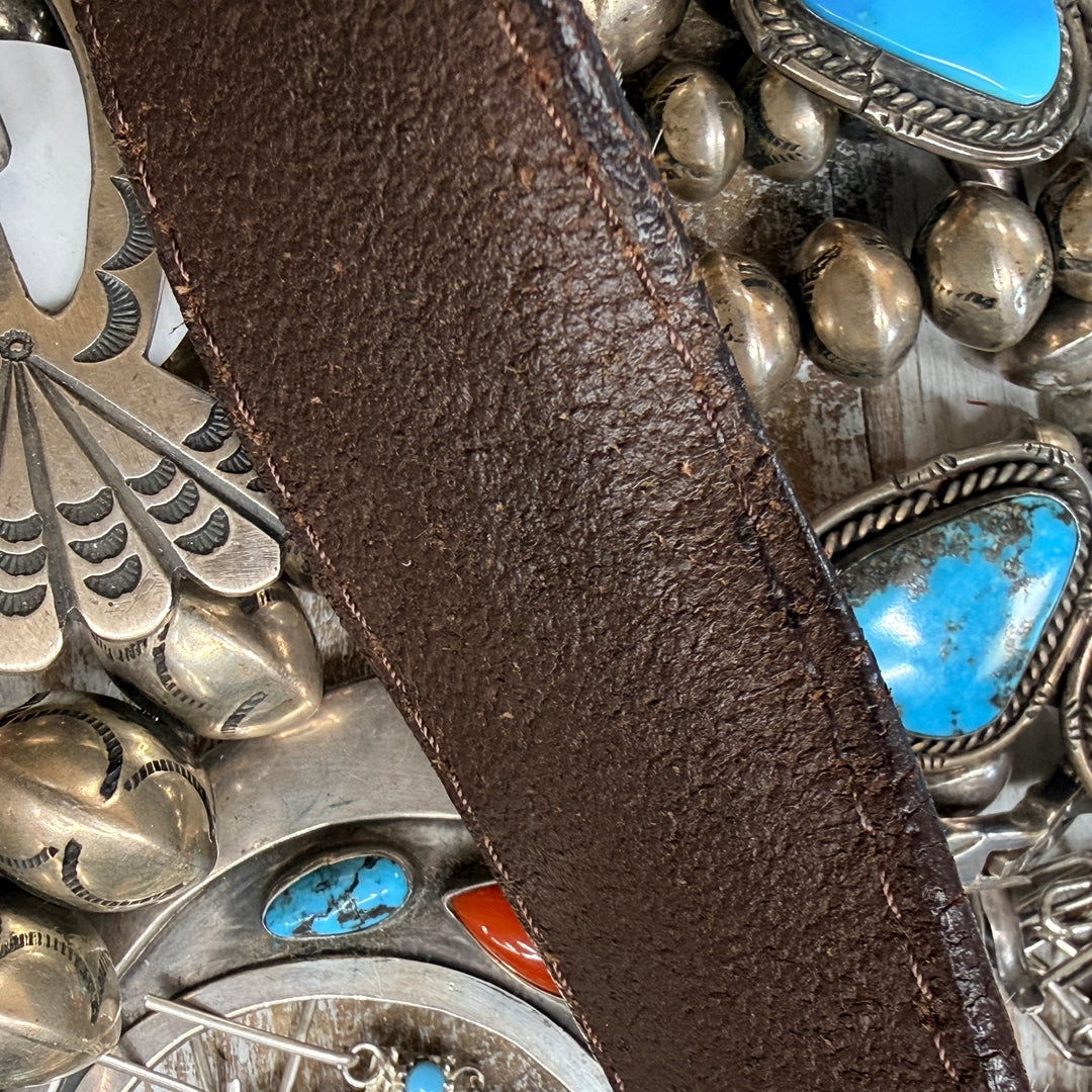 Very Worn Hair on Hide Tooled Leather Western Belt S