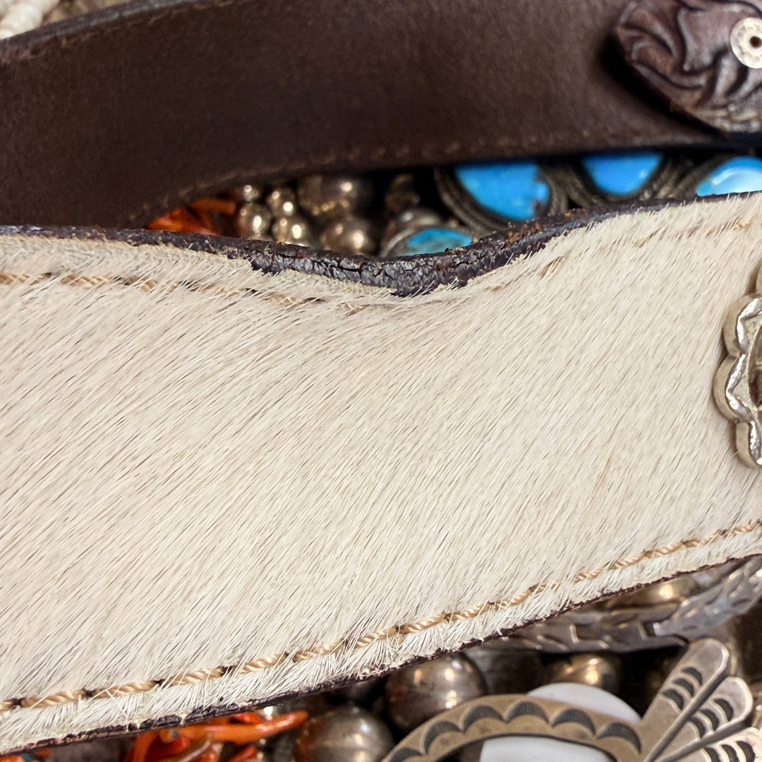 Very Worn Hair on Hide Tooled Leather Western Belt S