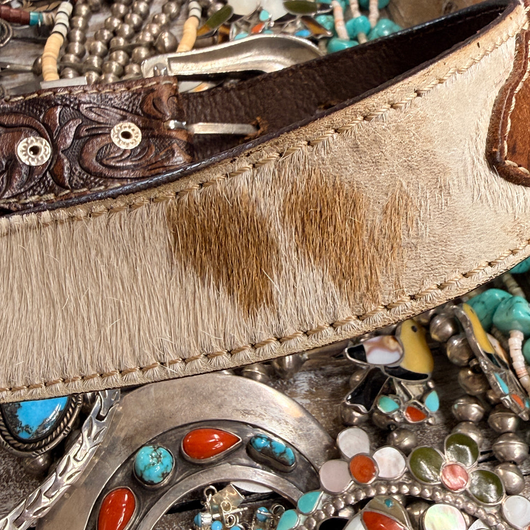 Very Worn Hair on Hide Tooled Leather Western Belt S