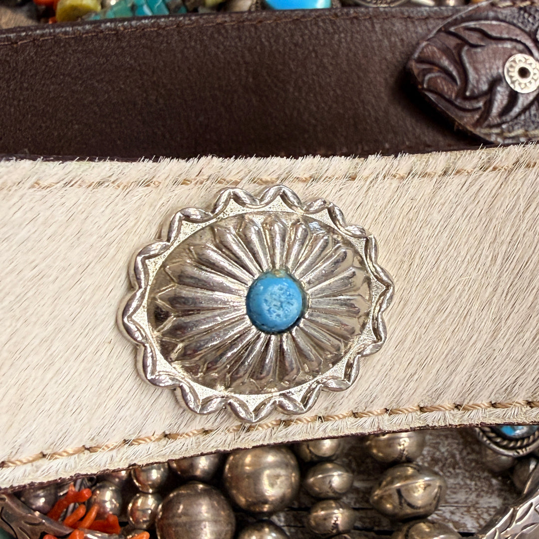 Very Worn Hair on Hide Tooled Leather Western Belt S