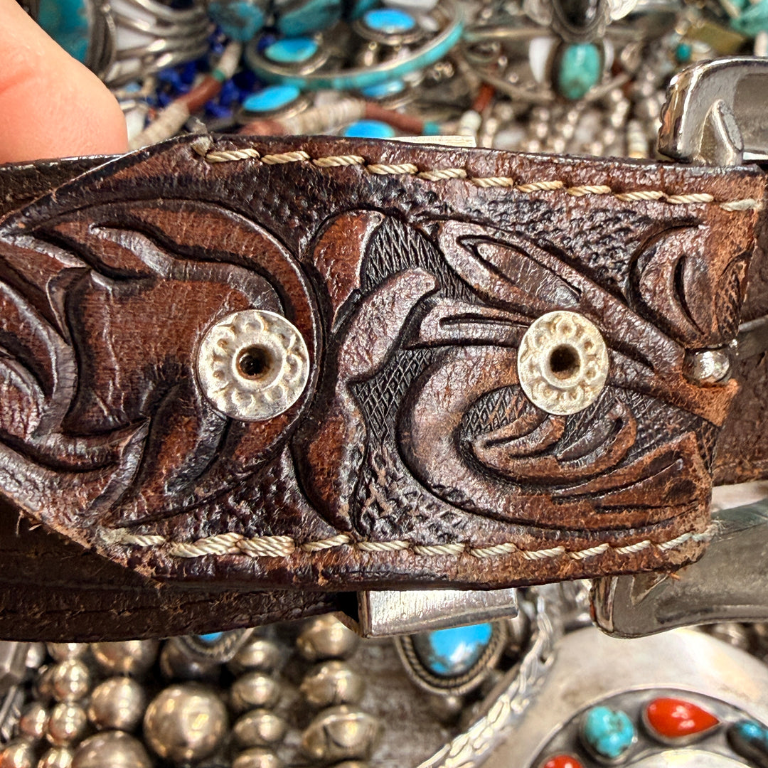 Very Worn Hair on Hide Tooled Leather Western Belt S