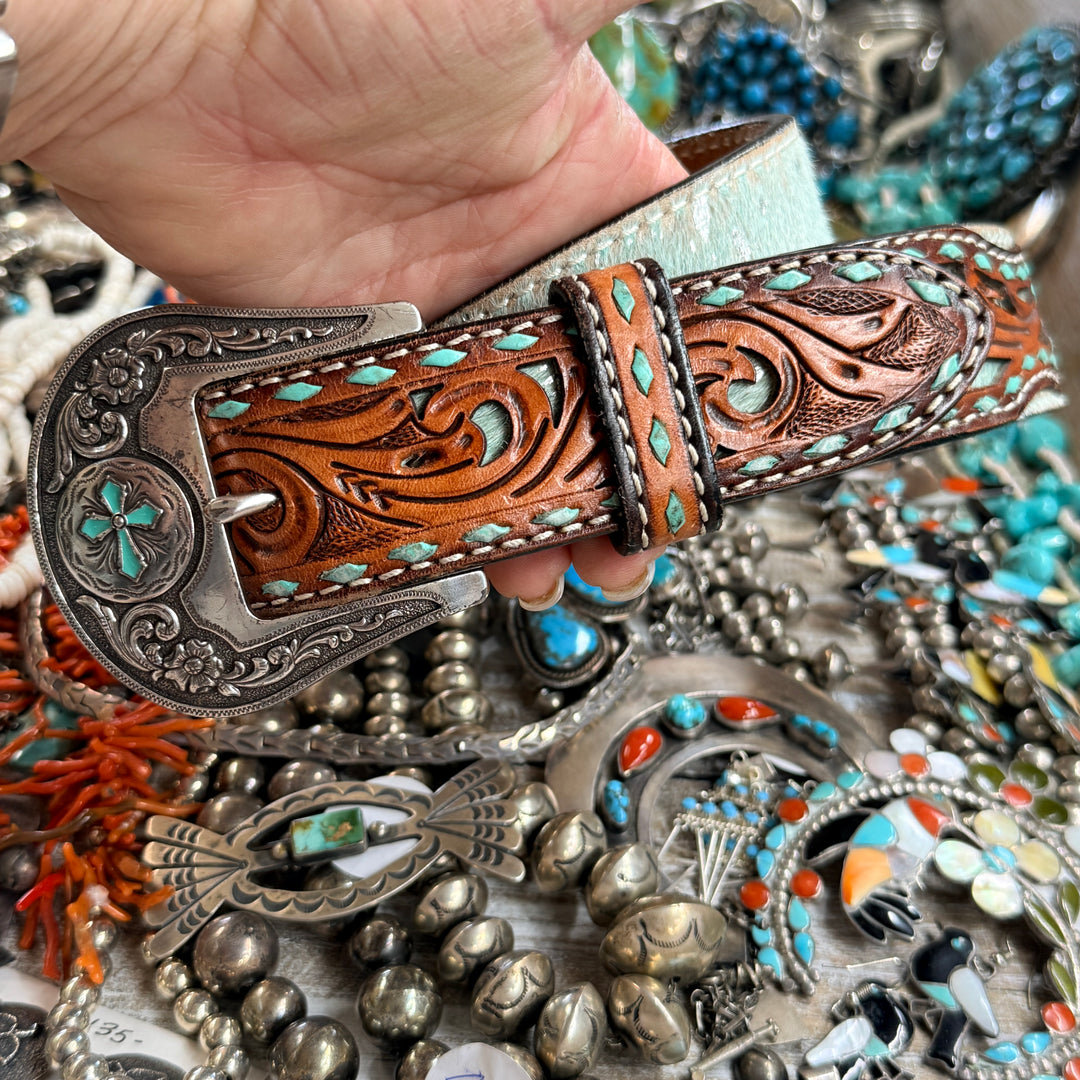 Very Worn Hair on Hide Tooled Leather Western Belt S Angel Ranch