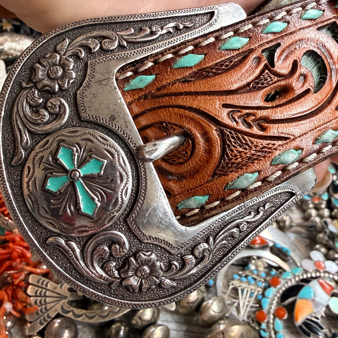 Very Worn Hair on Hide Tooled Leather Western Belt S Angel Ranch