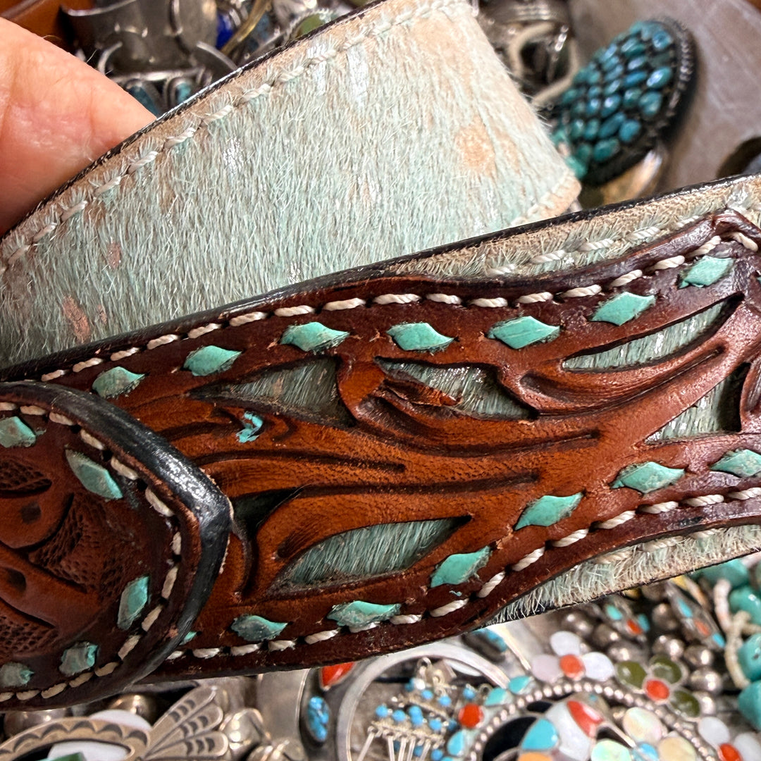 Very Worn Hair on Hide Tooled Leather Western Belt S Angel Ranch