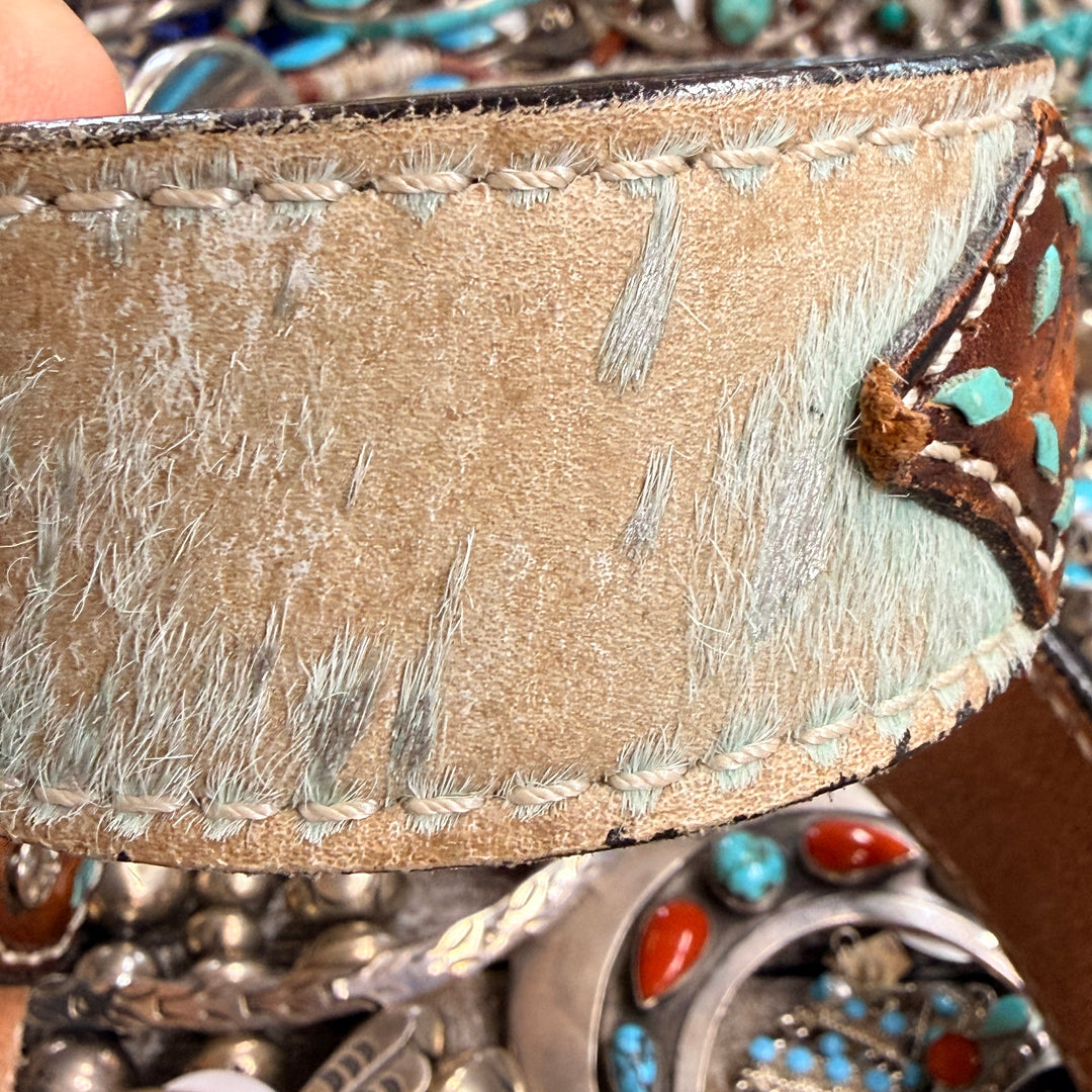 Very Worn Hair on Hide Tooled Leather Western Belt S Angel Ranch