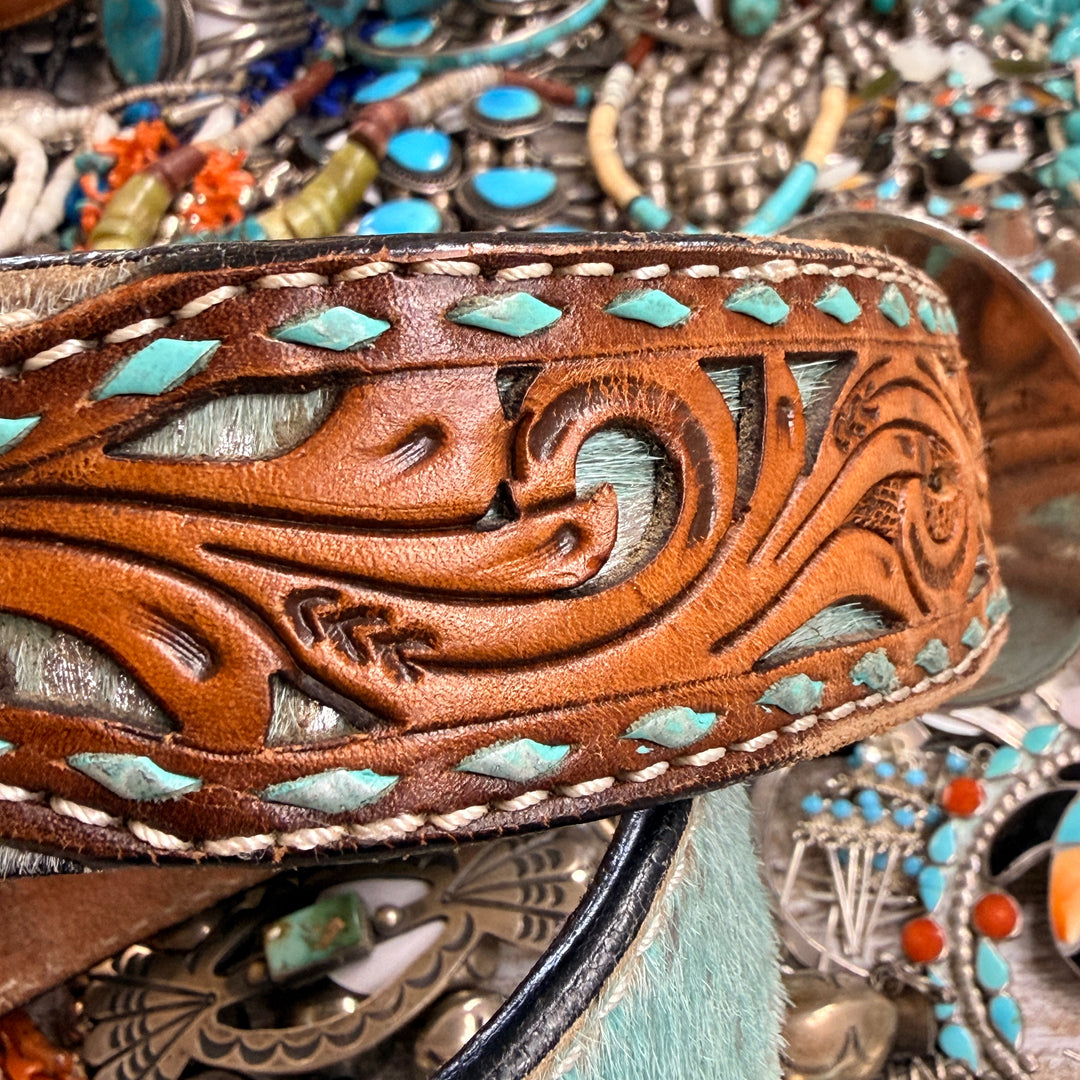 Very Worn Hair on Hide Tooled Leather Western Belt S Angel Ranch