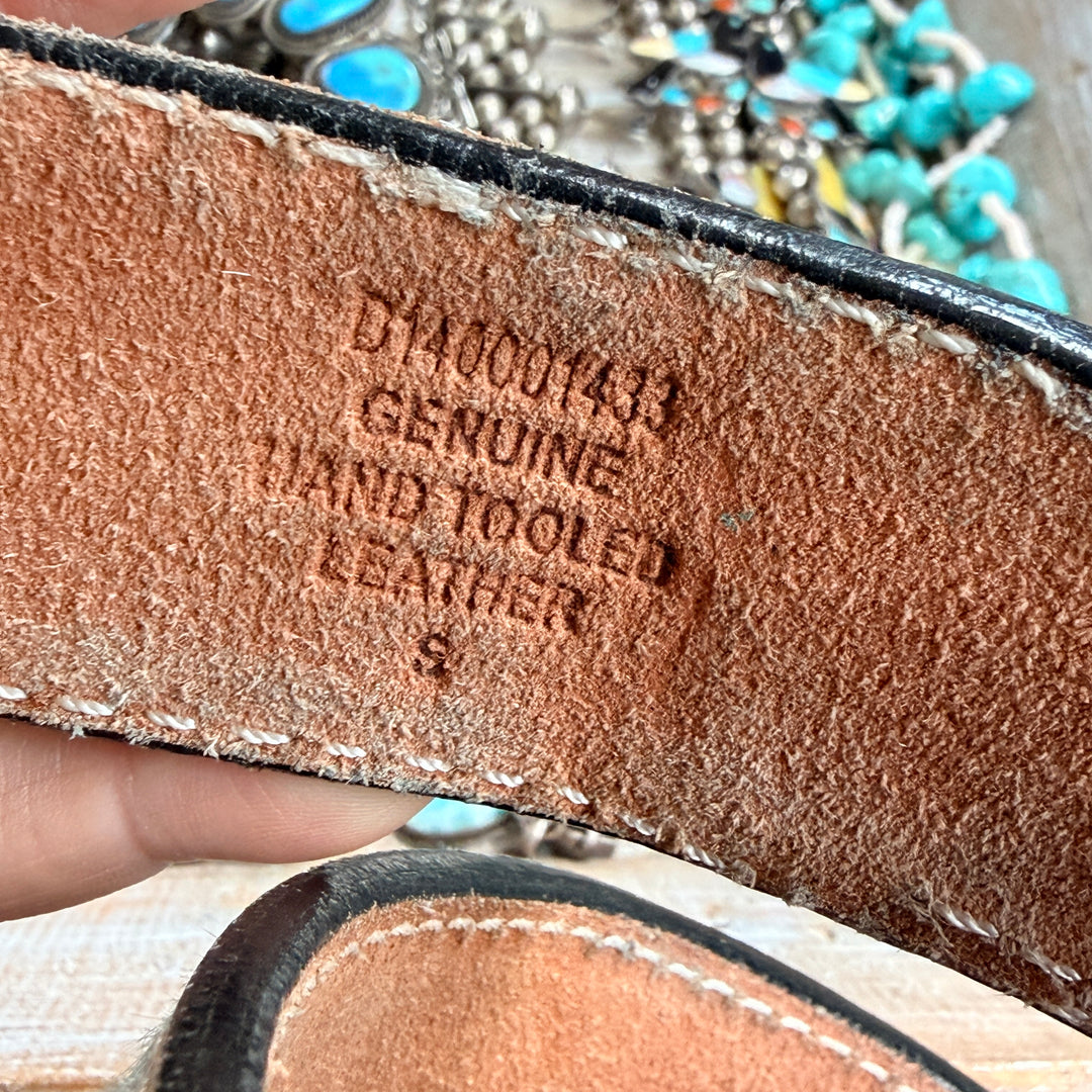 Very Worn Hair on Hide Tooled Leather Western Belt S Angel Ranch