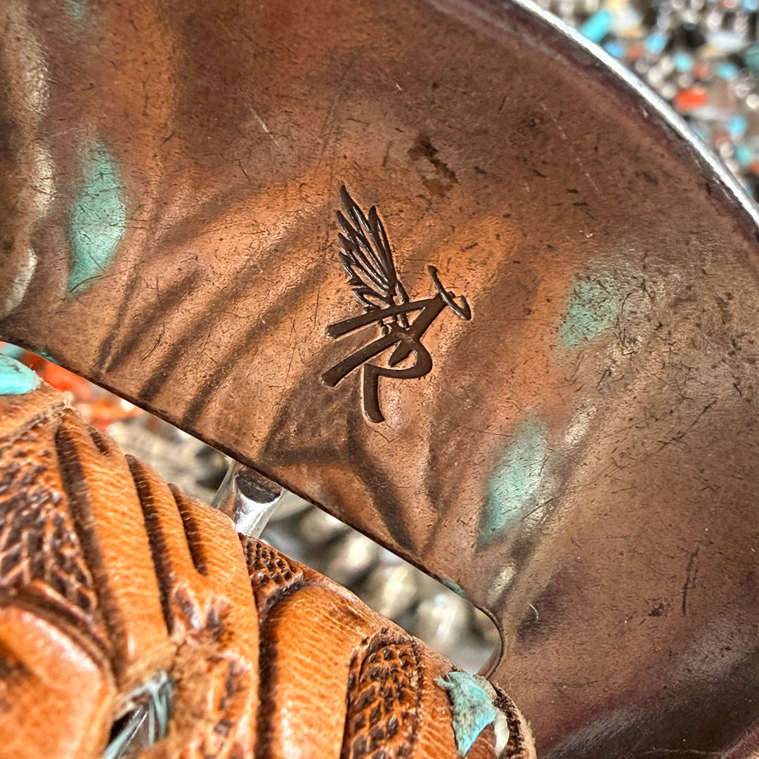 Very Worn Hair on Hide Tooled Leather Western Belt S Angel Ranch