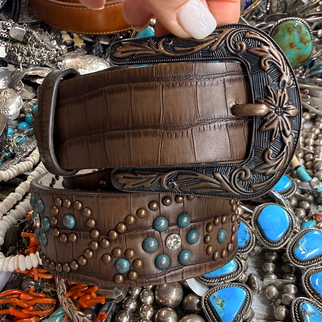Worn Hair Studded Leather Western Belt S