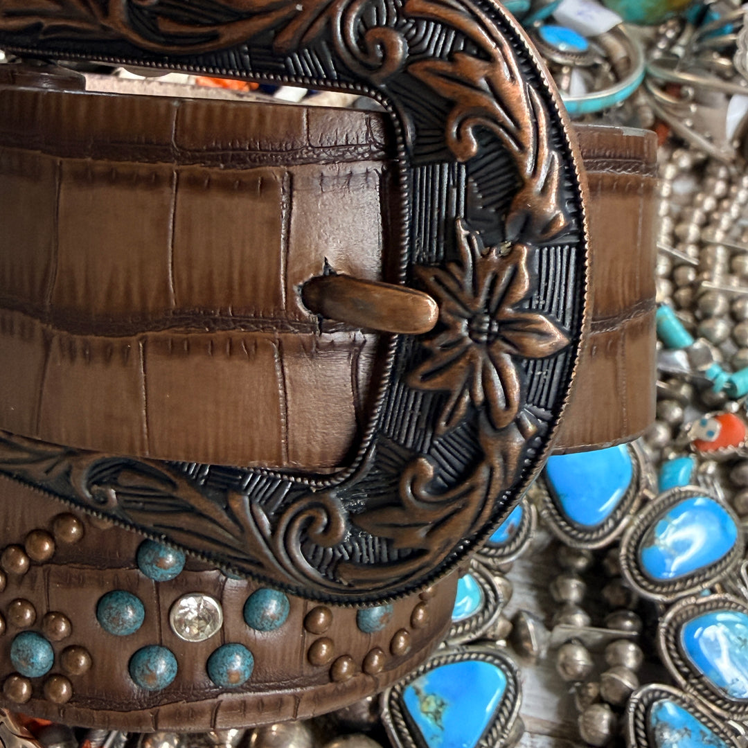 Worn Hair Studded Leather Western Belt S