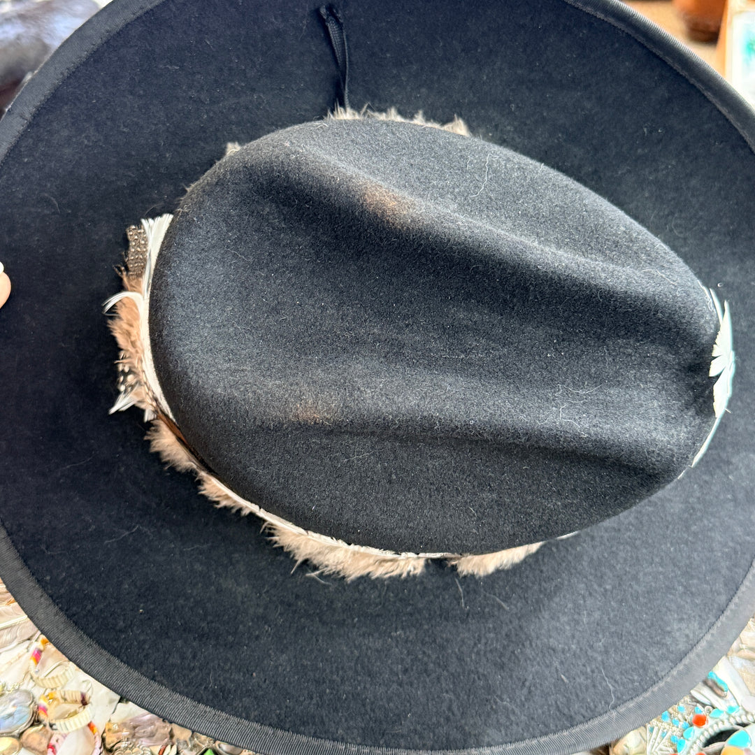 C. 1970s Smithbult Black Wool Cowboy Western Hat Feather Band 7 1/4