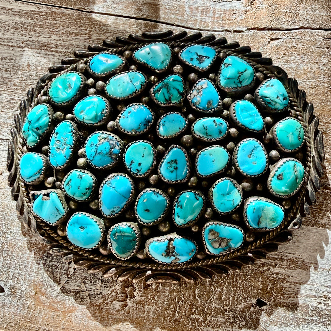 Huge Vintage Turquoise Sterling Silver Cluster Belt Buckle Thomas JIm