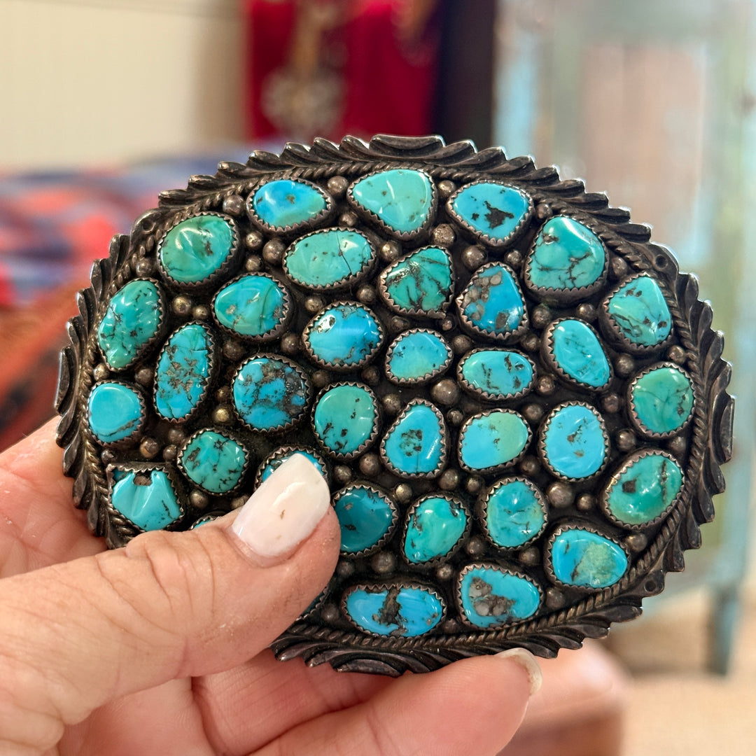 Huge Vintage Turquoise Sterling Silver Cluster Belt Buckle Thomas JIm