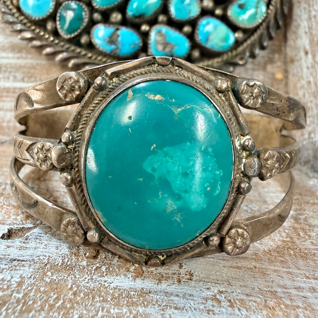 Vintage Navajo Sterling Silver & Turquoise Cuff Bracelet Fred Harvey Era