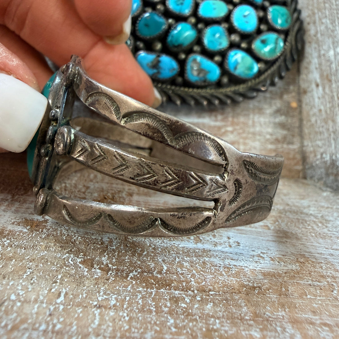 Vintage Navajo Sterling Silver & Turquoise Cuff Bracelet Fred Harvey Era