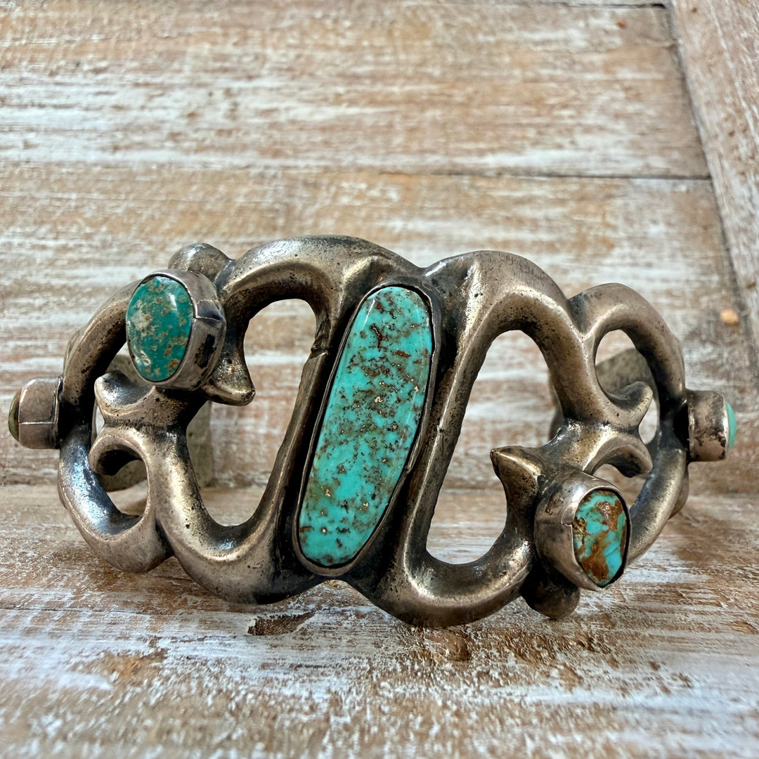 Vintage Navajo Sterling Silver & Turquoise Tufa Stone Cast Cuff Bracelet