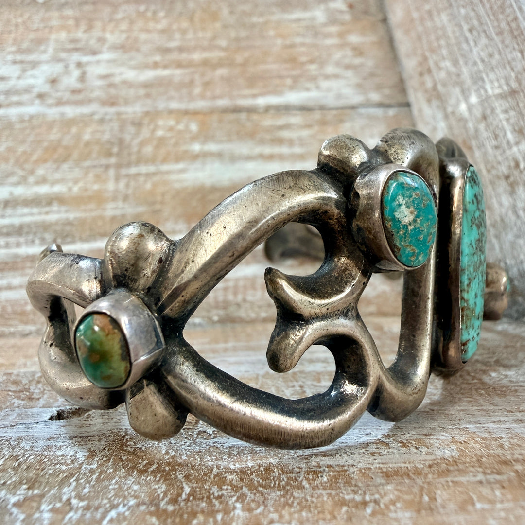 Vintage Navajo Sterling Silver & Turquoise Tufa Stone Cast Cuff Bracelet