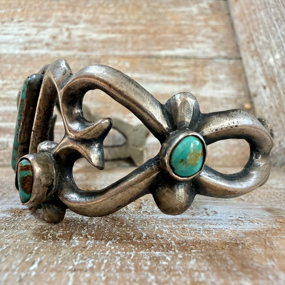 Vintage Navajo Sterling Silver & Turquoise Tufa Stone Cast Cuff Bracelet