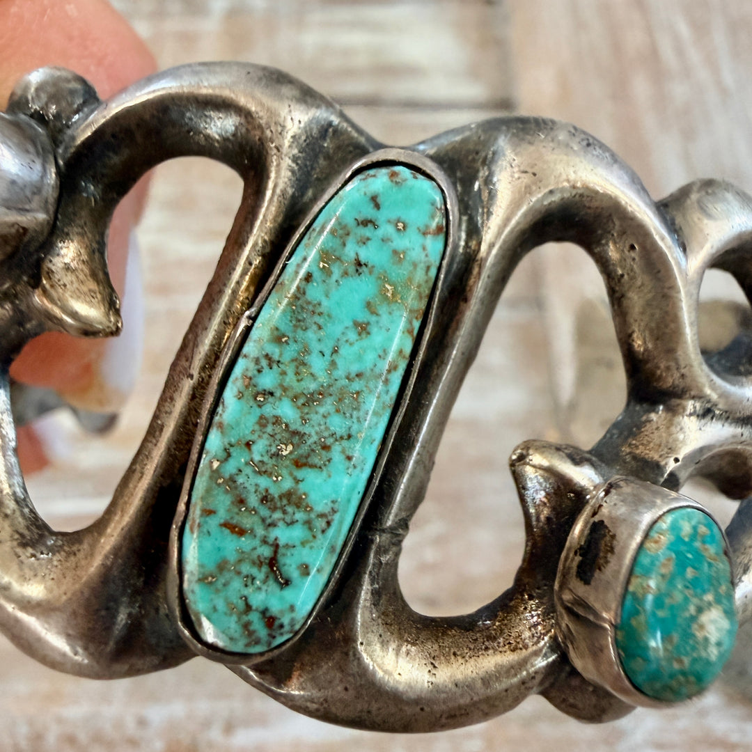 Vintage Navajo Sterling Silver & Turquoise Tufa Stone Cast Cuff Bracelet