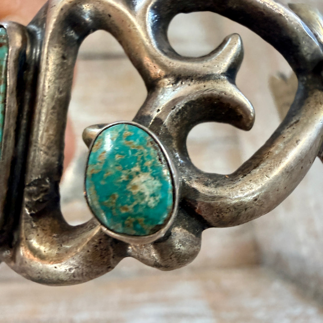 Vintage Navajo Sterling Silver & Turquoise Tufa Stone Cast Cuff Bracelet