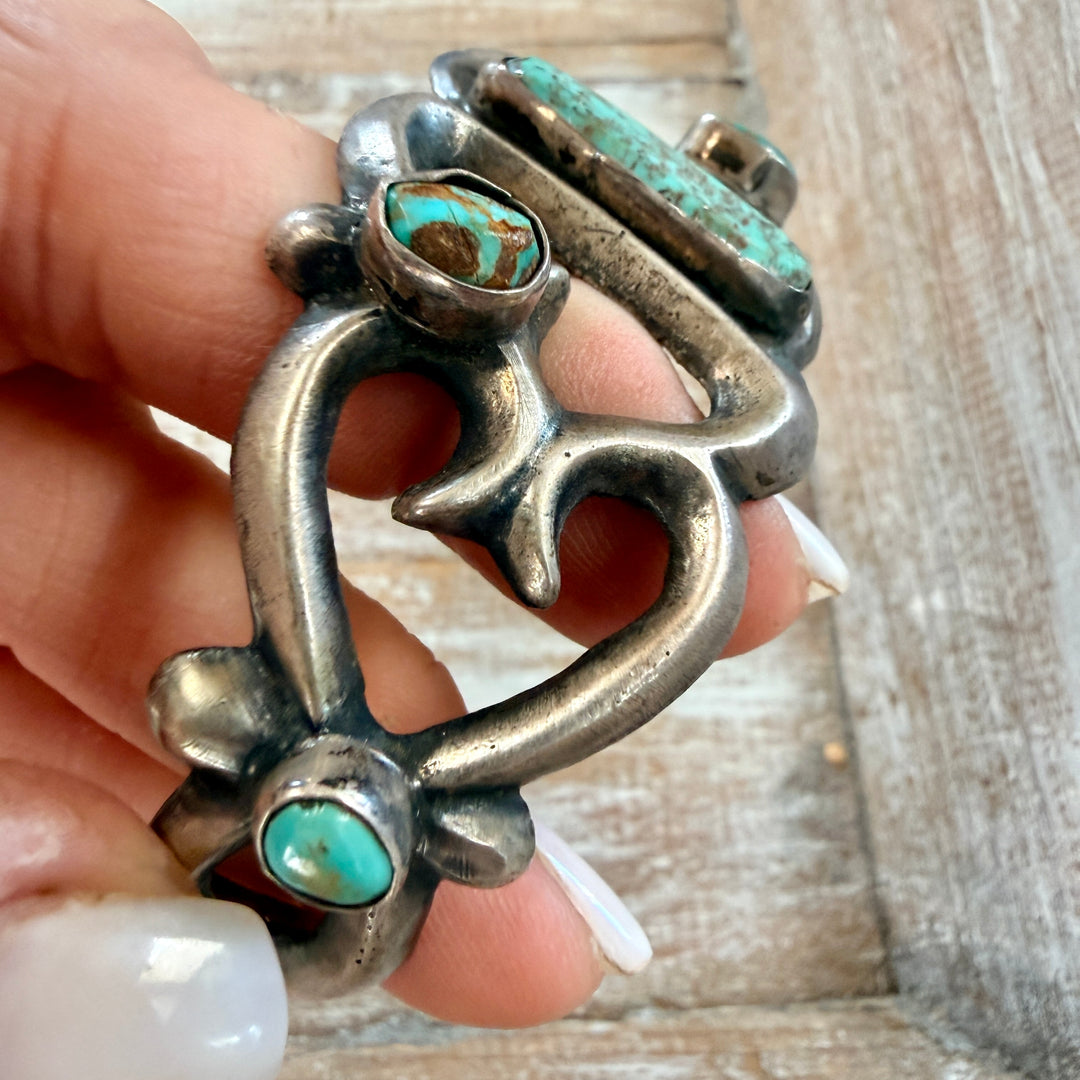 Vintage Navajo Sterling Silver & Turquoise Tufa Stone Cast Cuff Bracelet