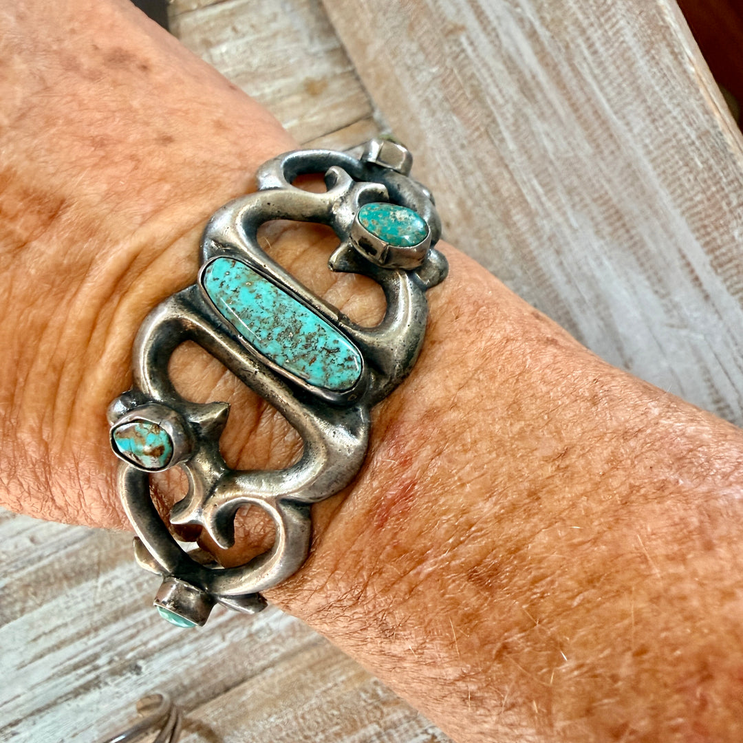 Vintage Navajo Sterling Silver & Turquoise Tufa Stone Cast Cuff Bracelet