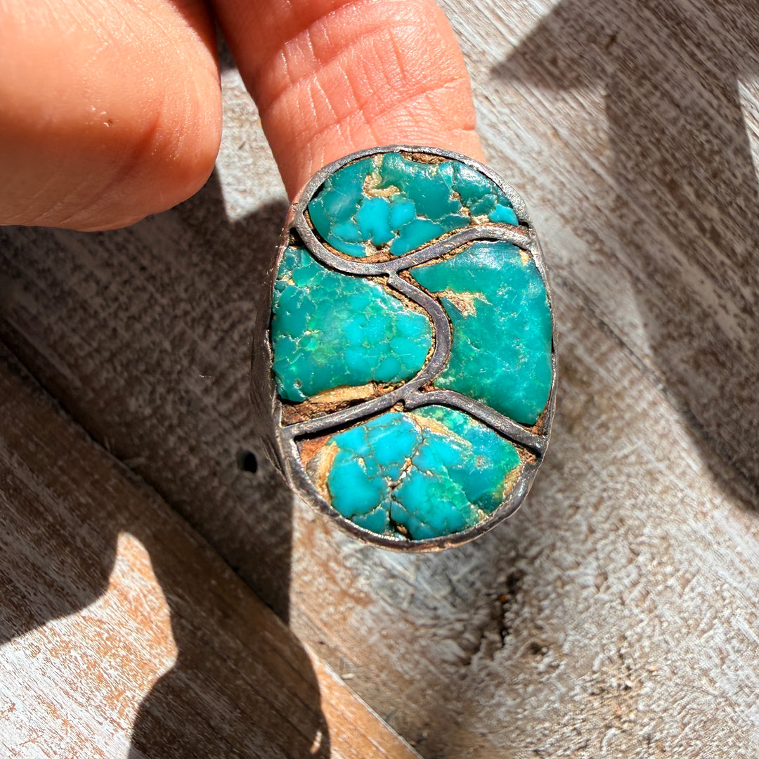 Vintage Navajo Sterling SIlver Turquoise Channel Inlay Ring 10