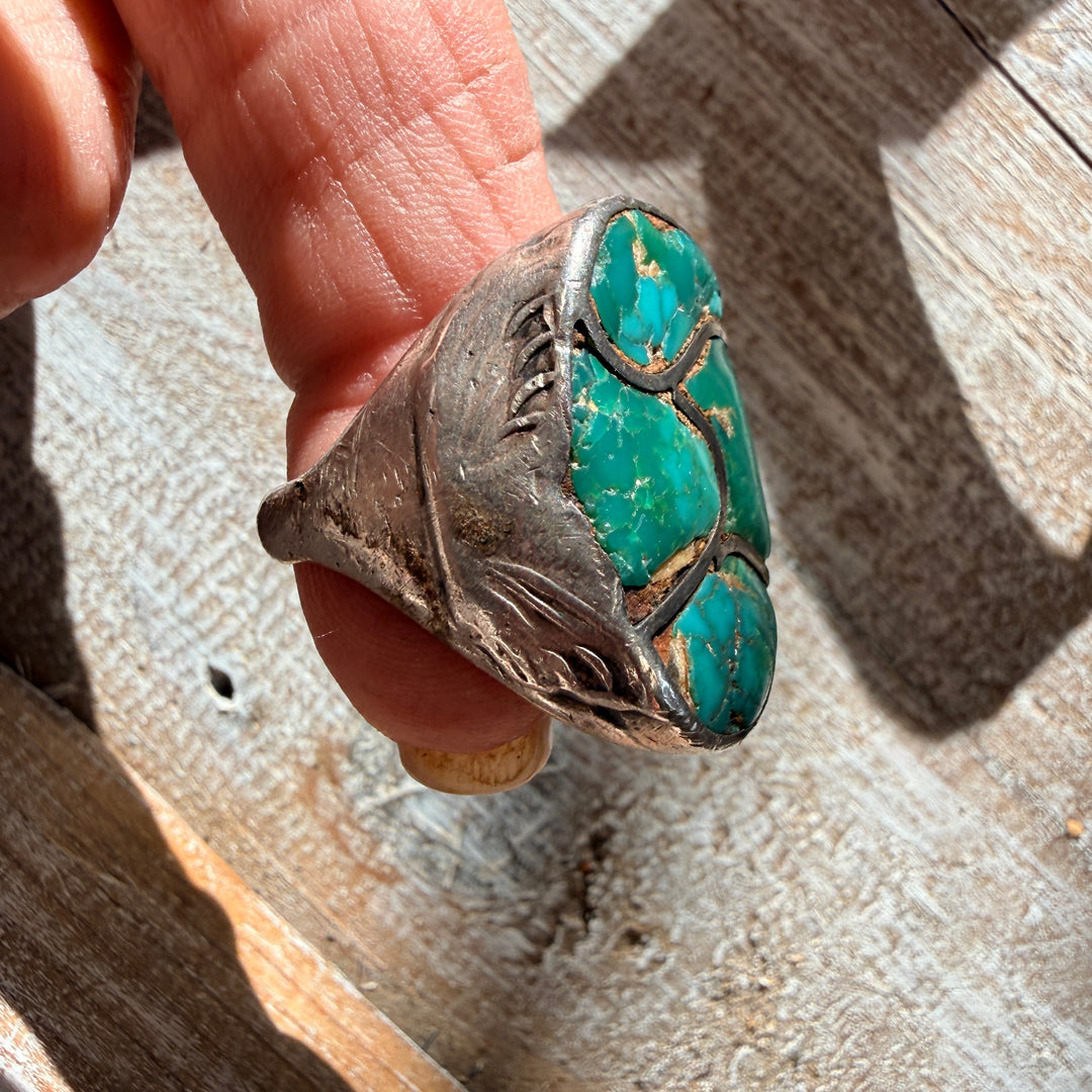 Vintage Navajo Sterling SIlver Turquoise Channel Inlay Ring 10