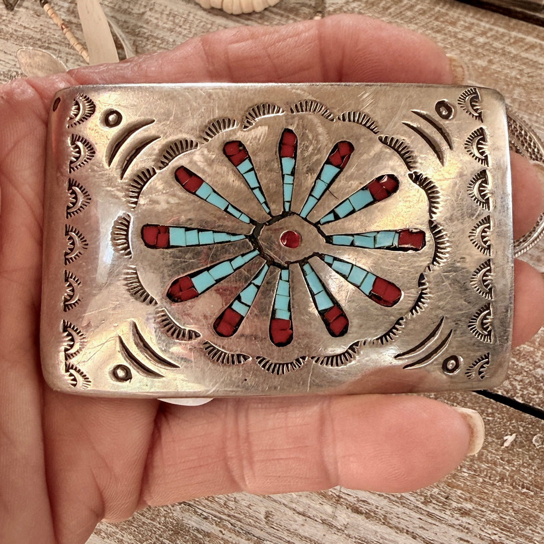 Vintage Turquoise Sterling Silver Shiprock Mosaic Belt Buckle