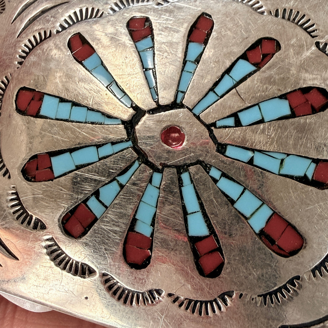 Vintage Turquoise Sterling Silver Shiprock Mosaic Belt Buckle