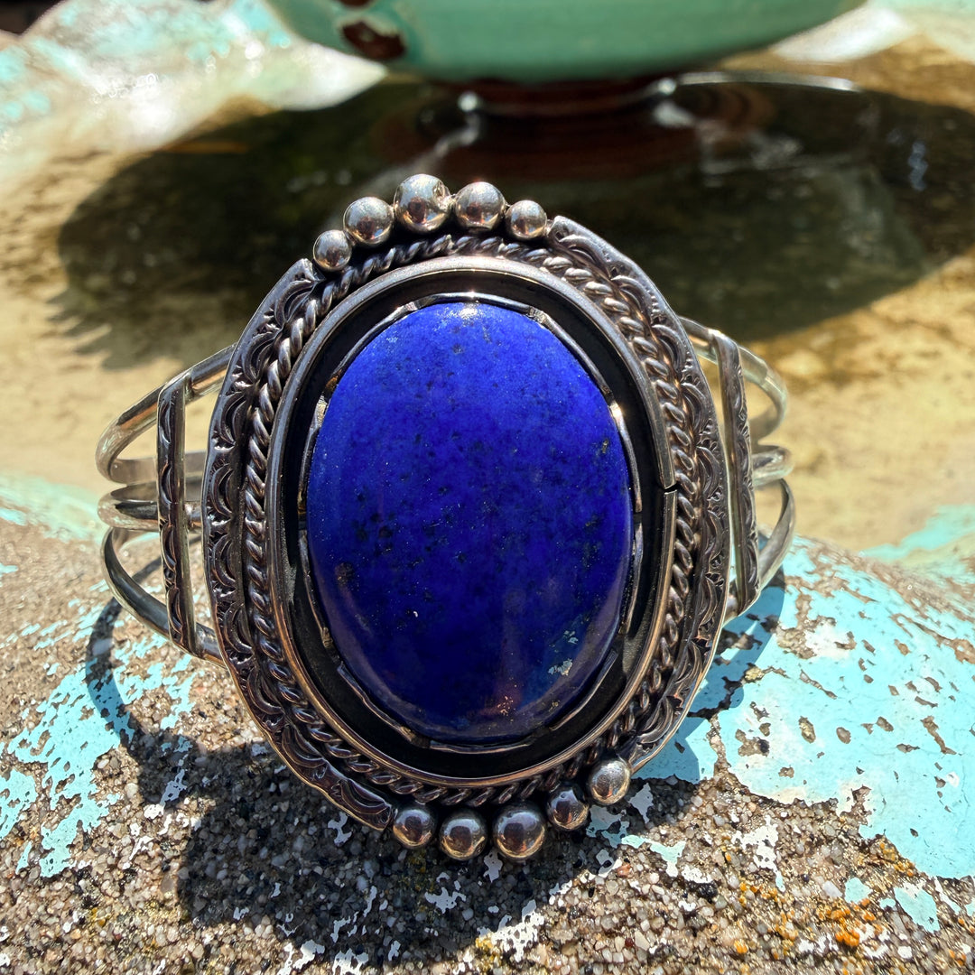 Vintage Navajo Sterling Silver & Denim Blue Lapis Cuff Bracelet