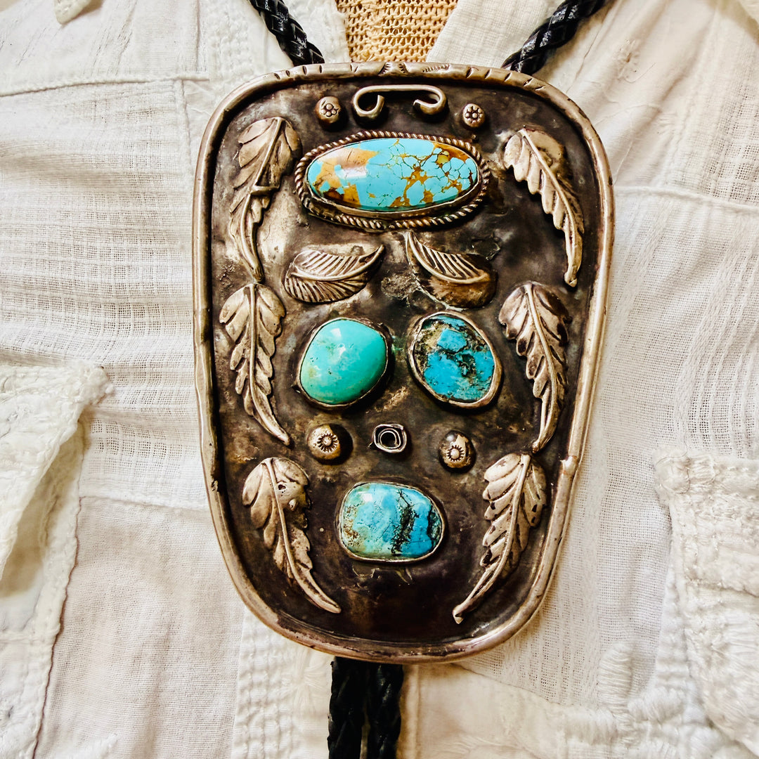 Massive Vintage Navajo Sterling Silver Turquoise Bolo Tie